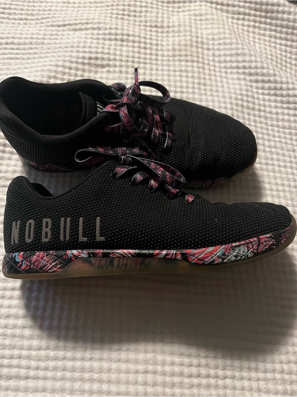 NOBULL Black Womenโs Training Shoes with Pink Multi-Pattern Sole
